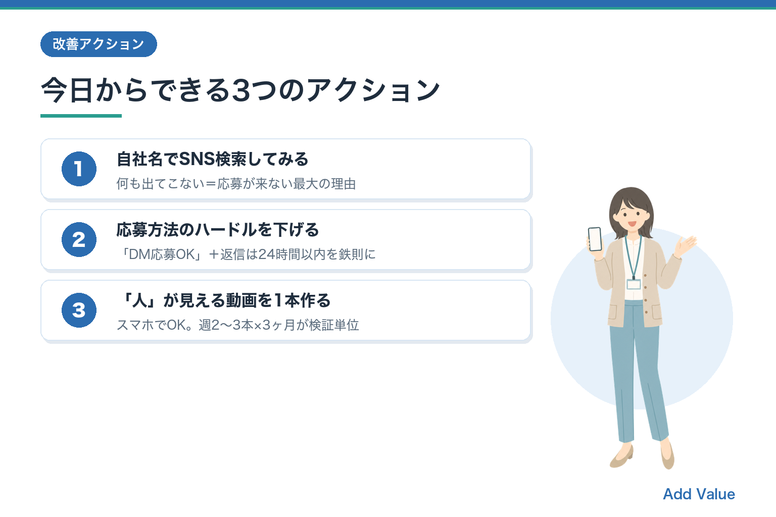 今日からできる3つの改善アクション（自社名でSNS検索・応募ハードルを下げる・人が見える動画を作る）の図解スライド